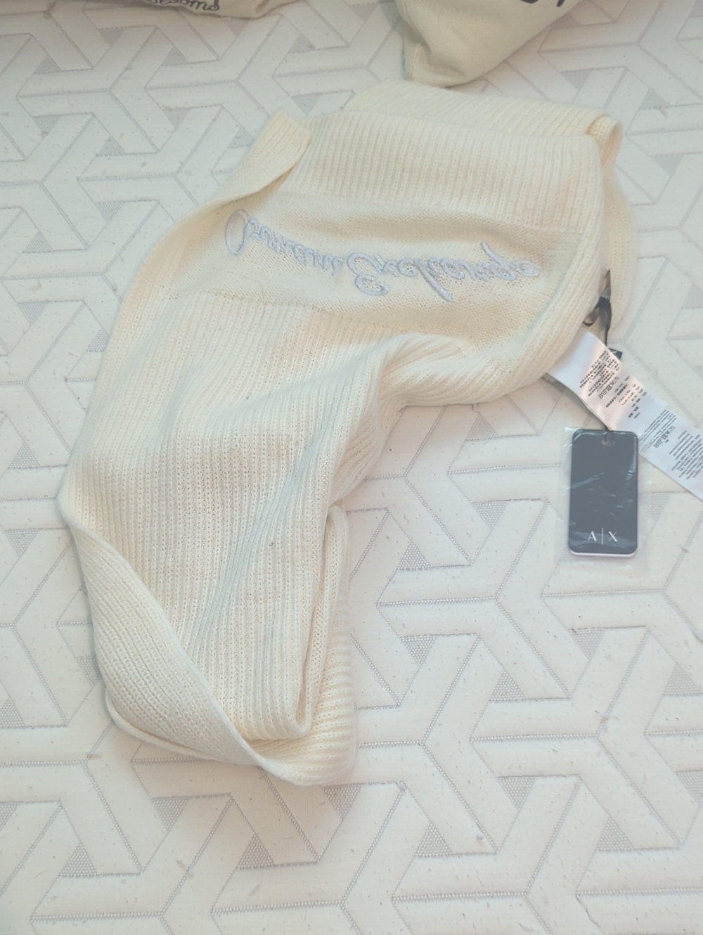 A|X Armani Cream Ribbed Knit Scarf with Script Logo New With Tags